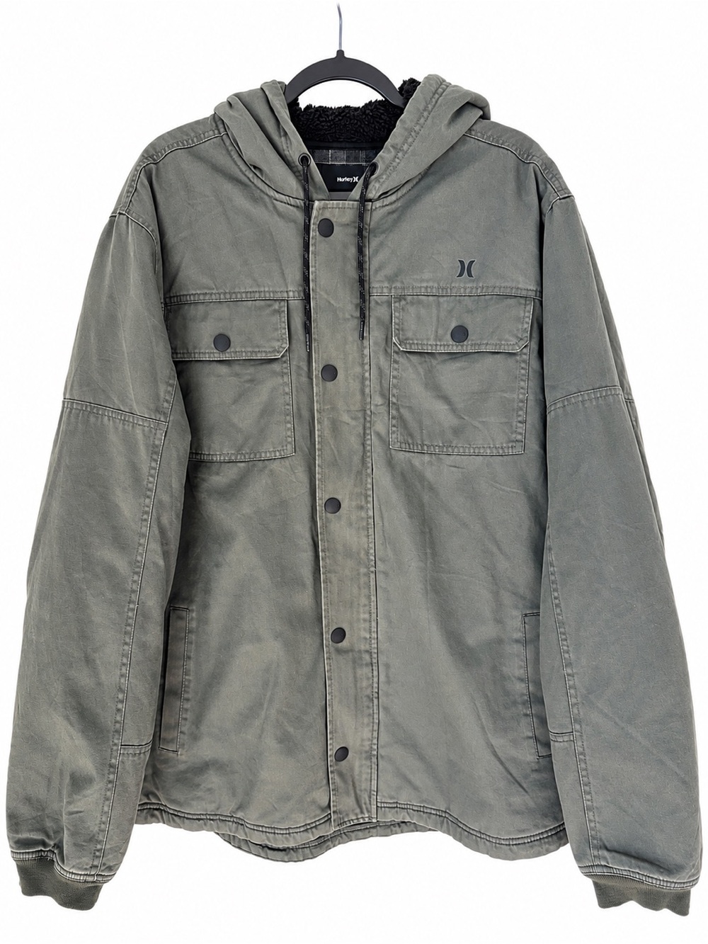 Hurley Men’s Cotton Sherpa Lined Hooded Workwear Jacket Gray Olive Utility XL